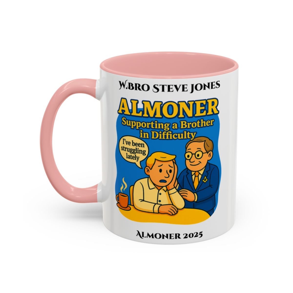 Premium Personalised Freemason Colour Rim Mug - Almoner Design - Supporting a brother in Difficulty - Masonic Mugs