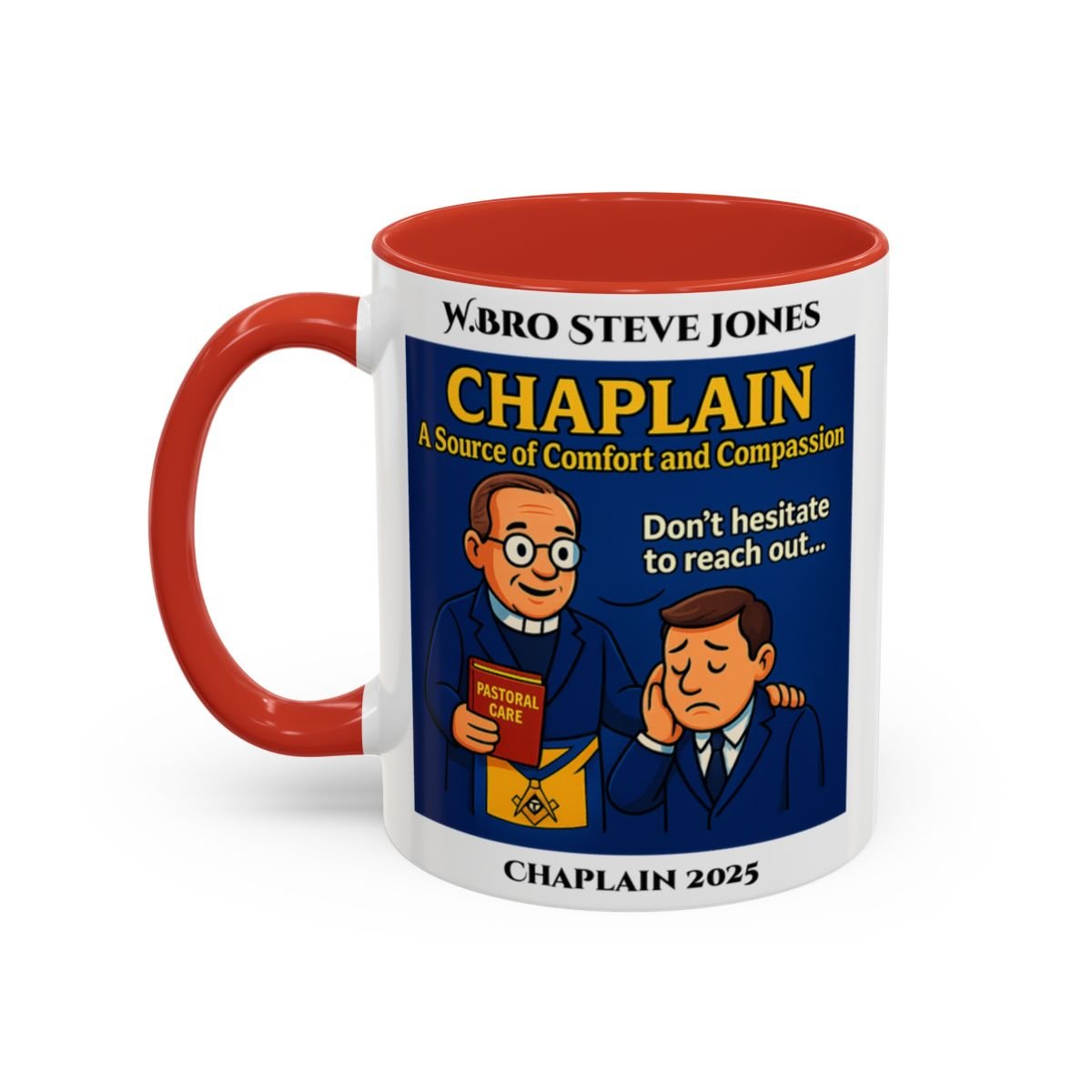 Premium Personalised Freemason Colour Rim Mug - Chaplain Design - A source of Comfort and Compassion - Masonic Mugs