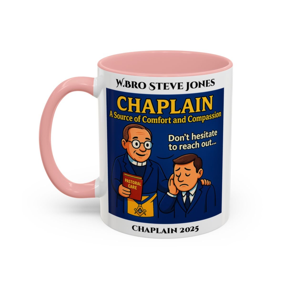 Premium Personalised Freemason Colour Rim Mug - Chaplain Design - A source of Comfort and Compassion - Masonic Mugs