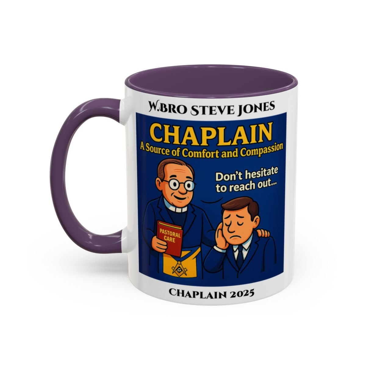 Premium Personalised Freemason Colour Rim Mug - Chaplain Design - A source of Comfort and Compassion - Masonic Mugs