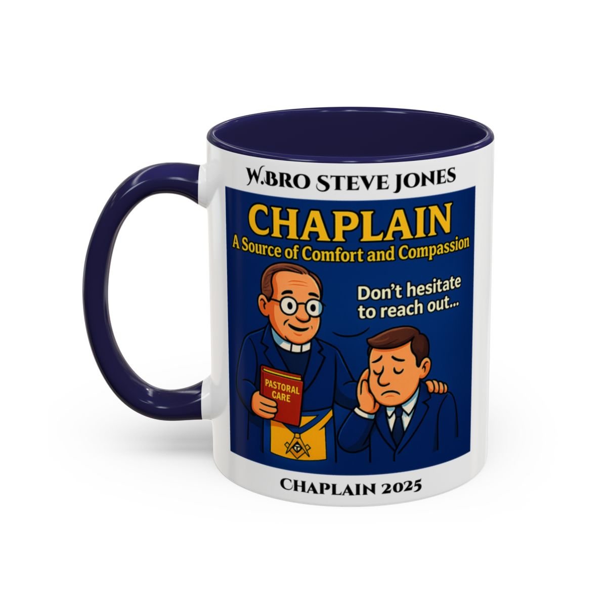 Premium Personalised Freemason Colour Rim Mug - Chaplain Design - A source of Comfort and Compassion - Masonic Mugs