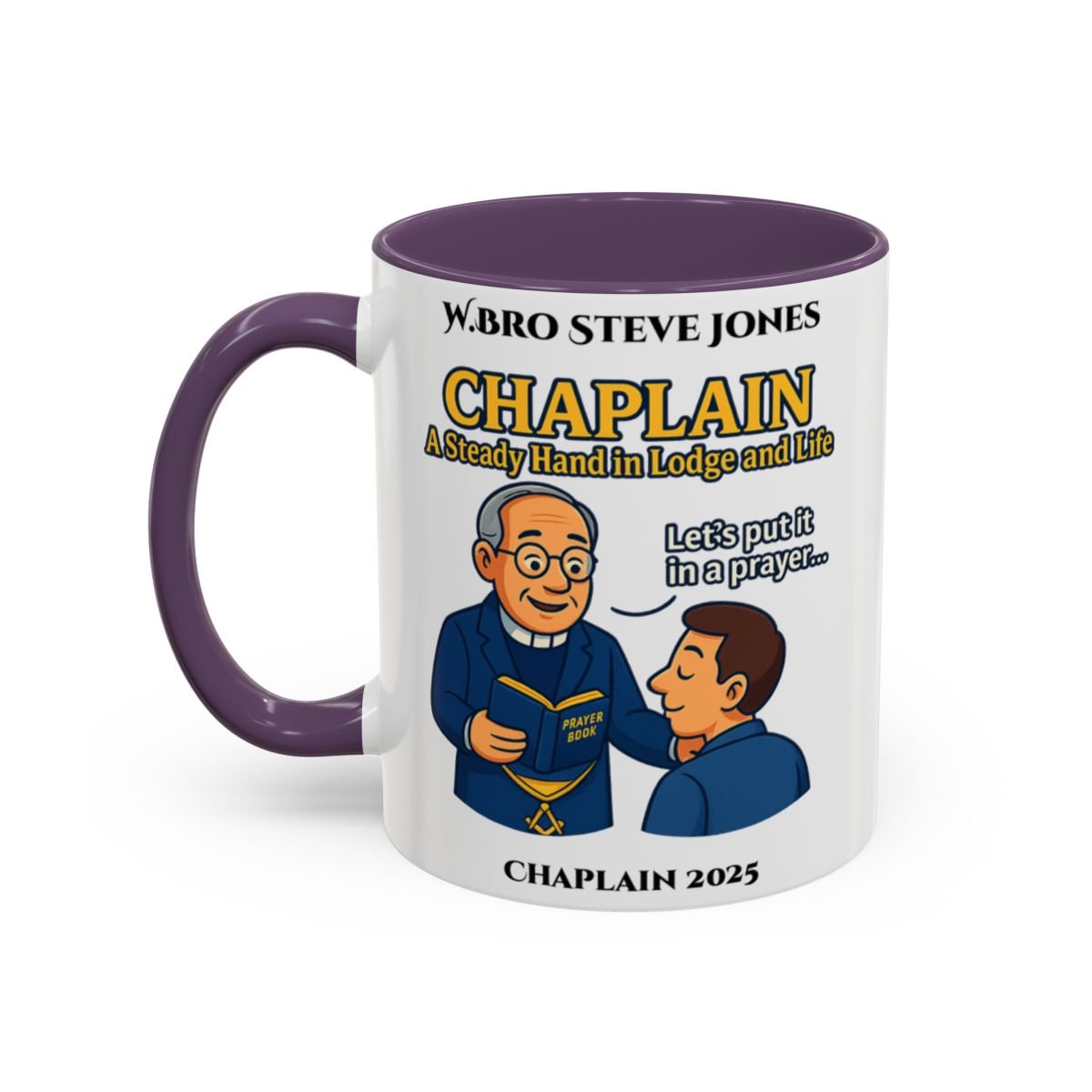 Premium Personalised Freemason Colour Rim Mug - Chaplain Design - A steady hand in lodge and life - Masonic Mugs