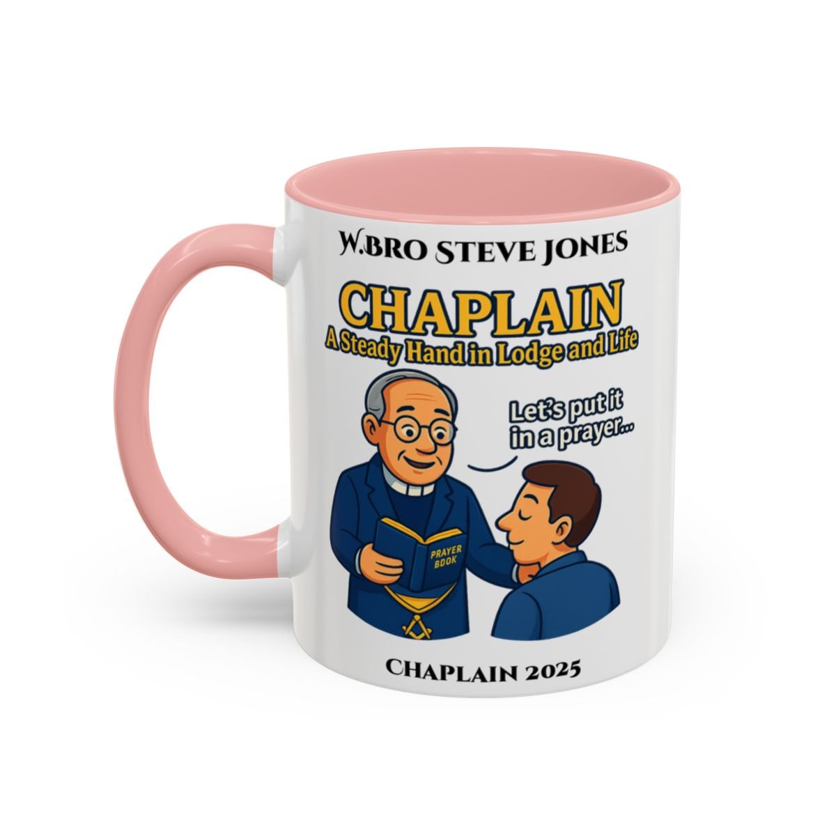 Premium Personalised Freemason Colour Rim Mug - Chaplain Design - A steady hand in lodge and life - Masonic Mugs