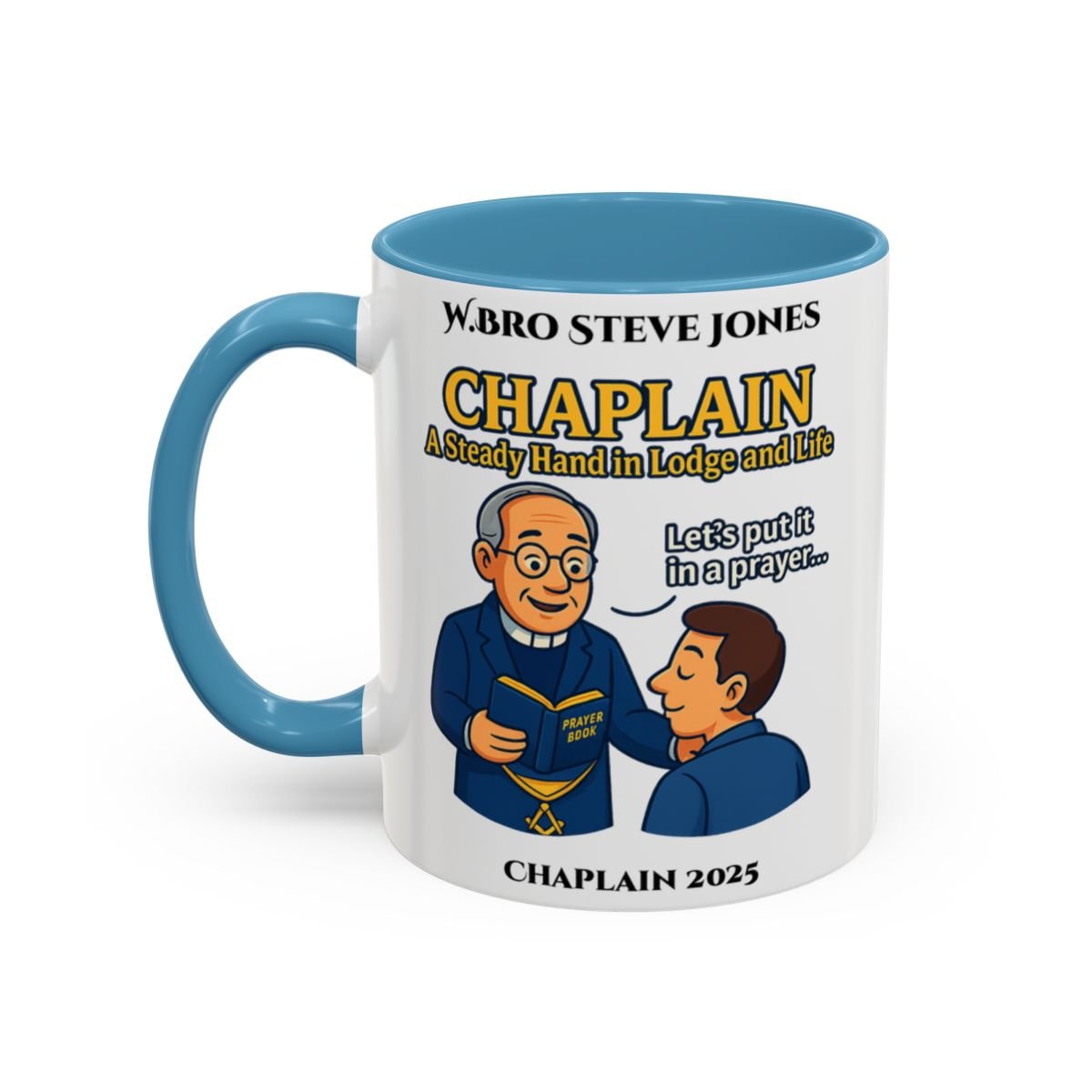 Premium Personalised Freemason Colour Rim Mug - Chaplain Design - A steady hand in lodge and life - Masonic Mugs