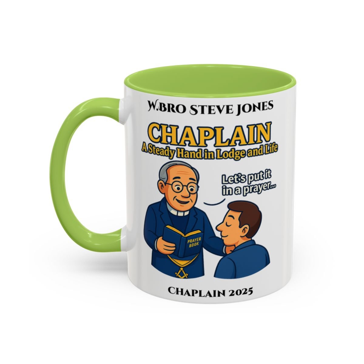 Premium Personalised Freemason Colour Rim Mug - Chaplain Design - A steady hand in lodge and life - Masonic Mugs