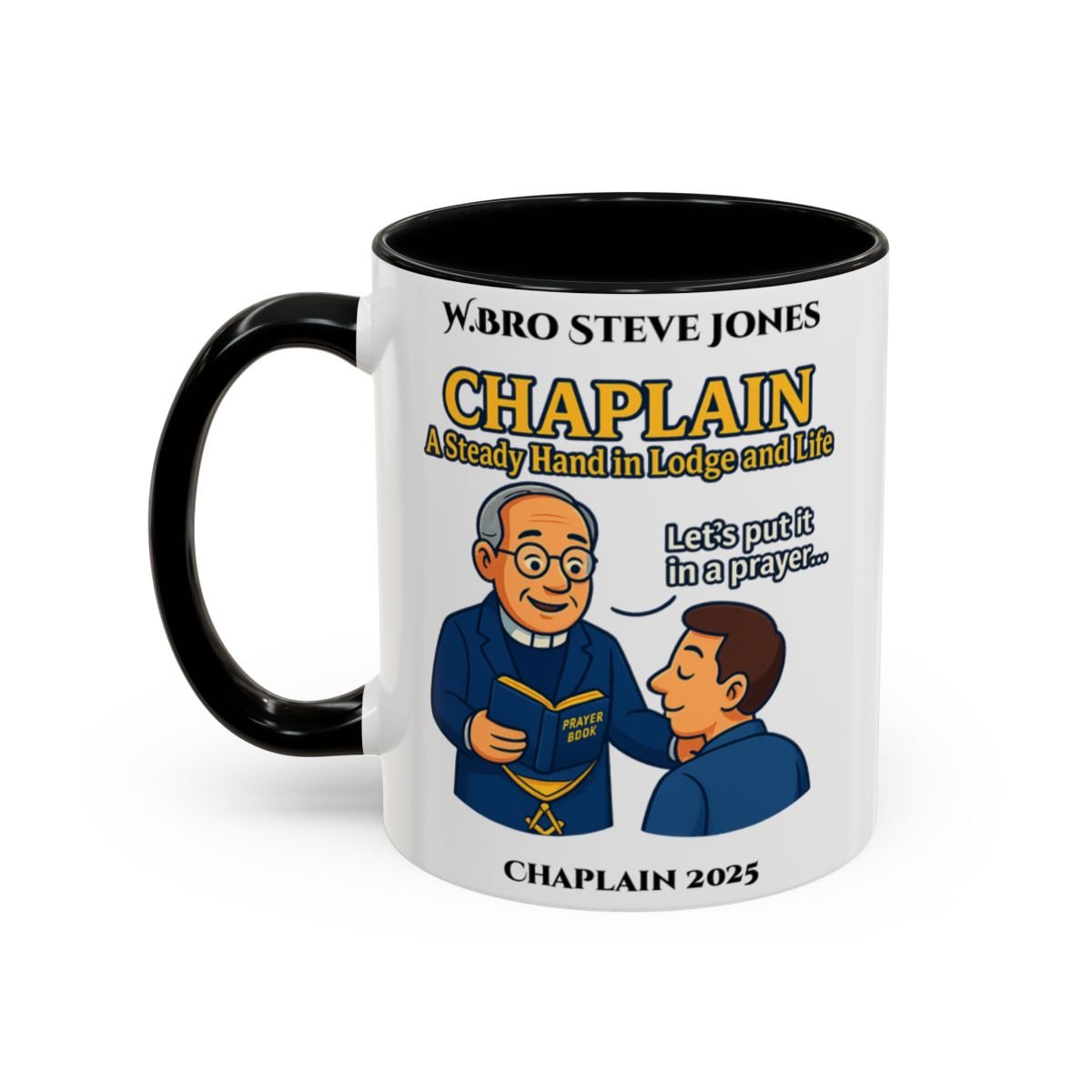 Premium Personalised Freemason Colour Rim Mug - Chaplain Design - A steady hand in lodge and life - Masonic Mugs