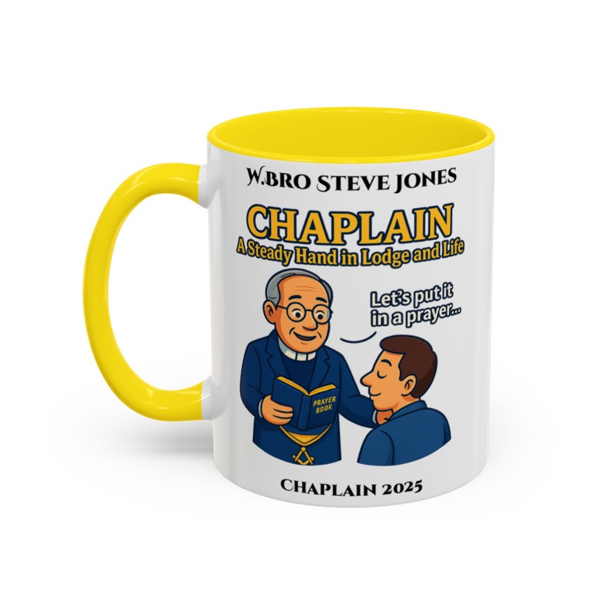 Premium Personalised Freemason Colour Rim Mug - Chaplain Design - A steady hand in lodge and life - Masonic Mugs