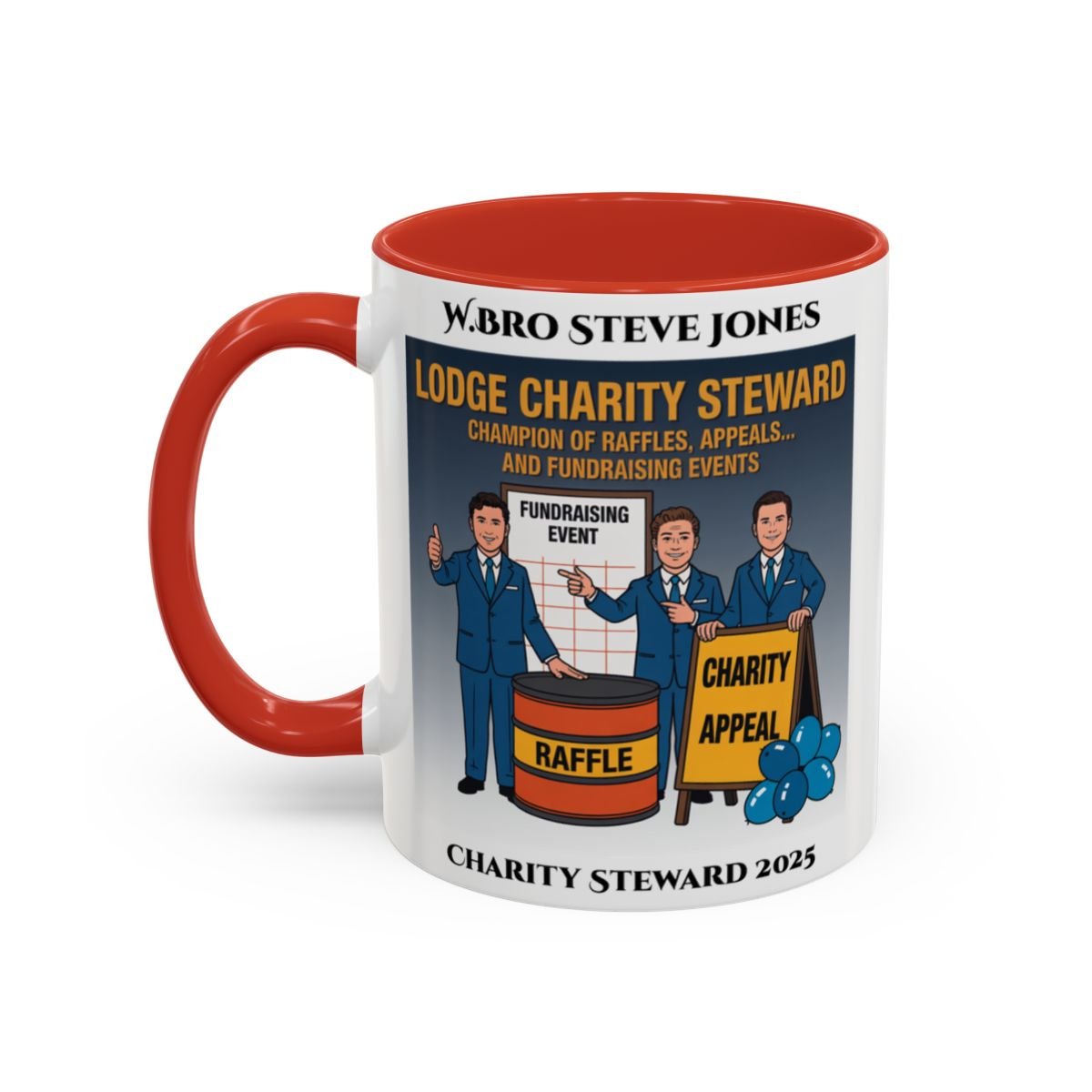 Premium Personalised Freemason Colour Rim Mug - Charity Steward Design - Champion of Raffles - Masonic Mugs