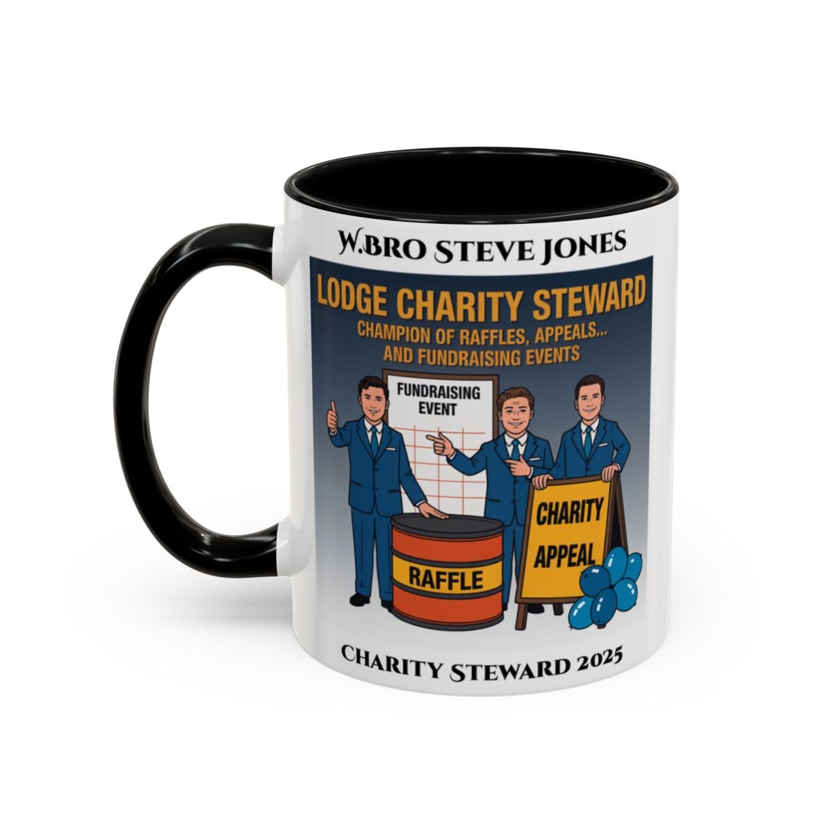 Premium Personalised Freemason Colour Rim Mug - Charity Steward Design - Champion of Raffles - Masonic Mugs