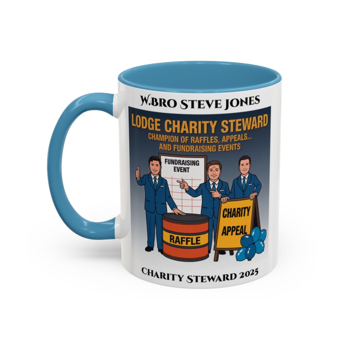 Premium Personalised Freemason Colour Rim Mug - Charity Steward Design - Champion of Raffles - Masonic Mugs