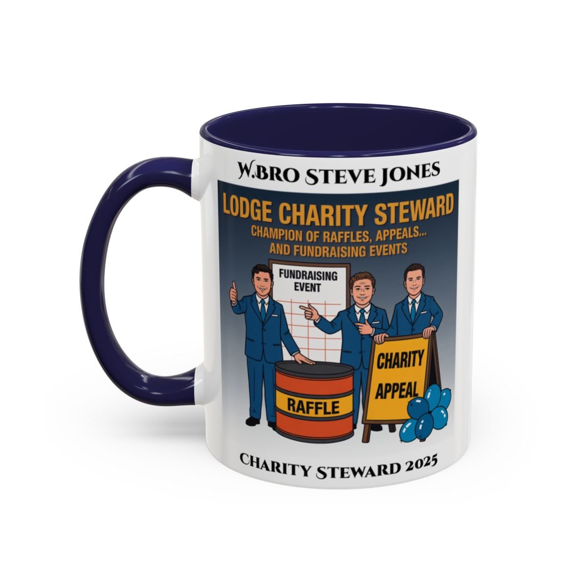 Premium Personalised Freemason Colour Rim Mug - Charity Steward Design - Champion of Raffles - Masonic Mugs
