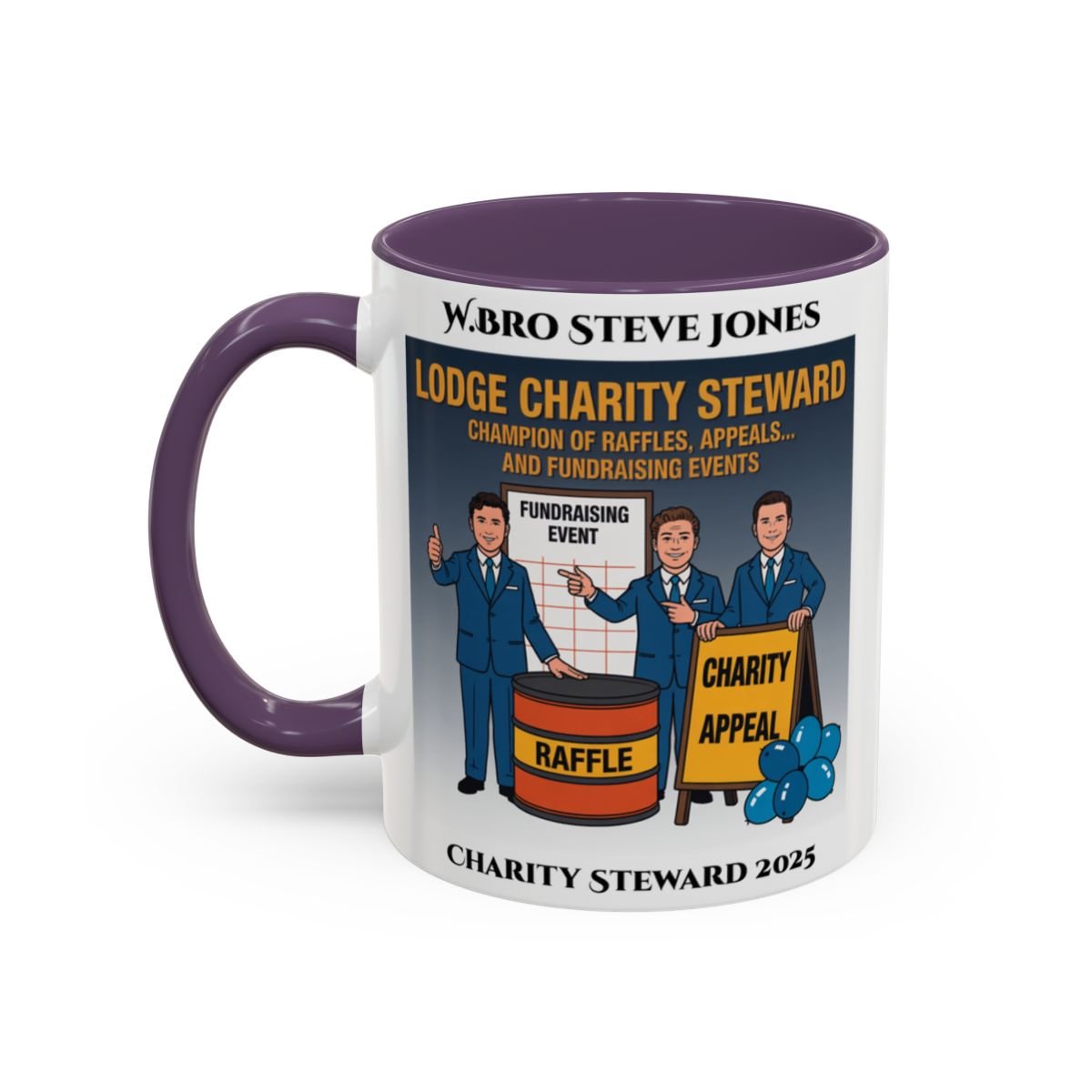 Premium Personalised Freemason Colour Rim Mug - Charity Steward Design - Champion of Raffles - Masonic Mugs