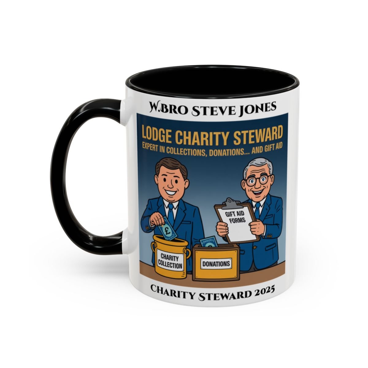 Premium Personalised Freemason Colour Rim Mug - Charity Steward Design - Expert in Collections - Masonic Mugs