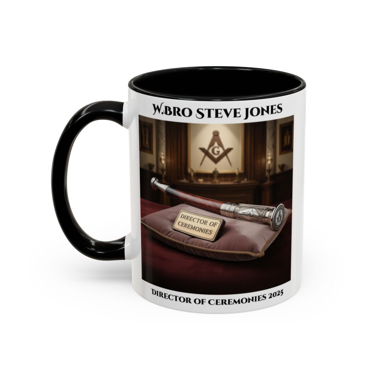 Premium Personalised Freemason Colour Rim Mug - Director of Ceremonies Design - Baton or Wand - Masonic Mugs