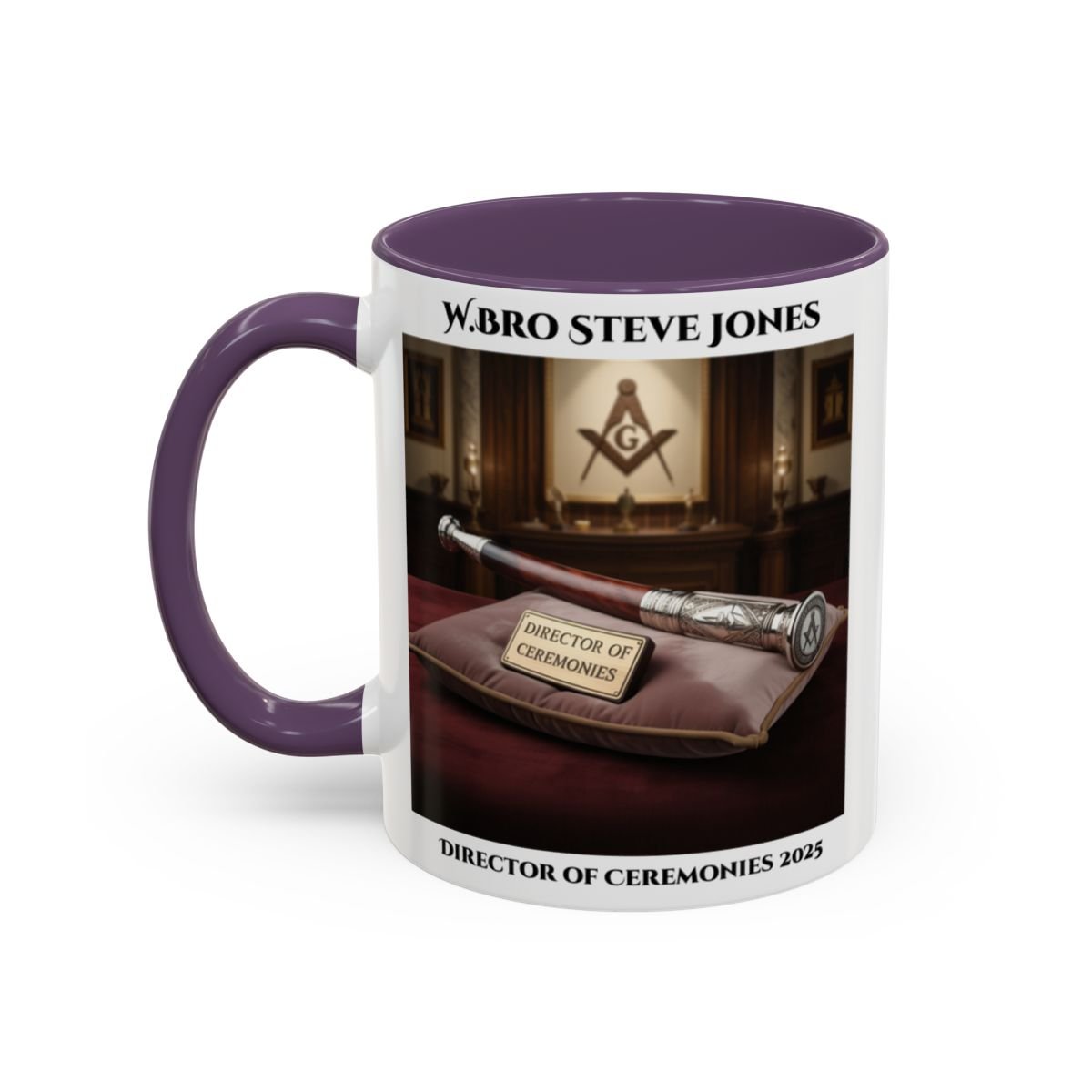 Premium Personalised Freemason Colour Rim Mug - Director of Ceremonies Design - Baton or Wand - Masonic Mugs