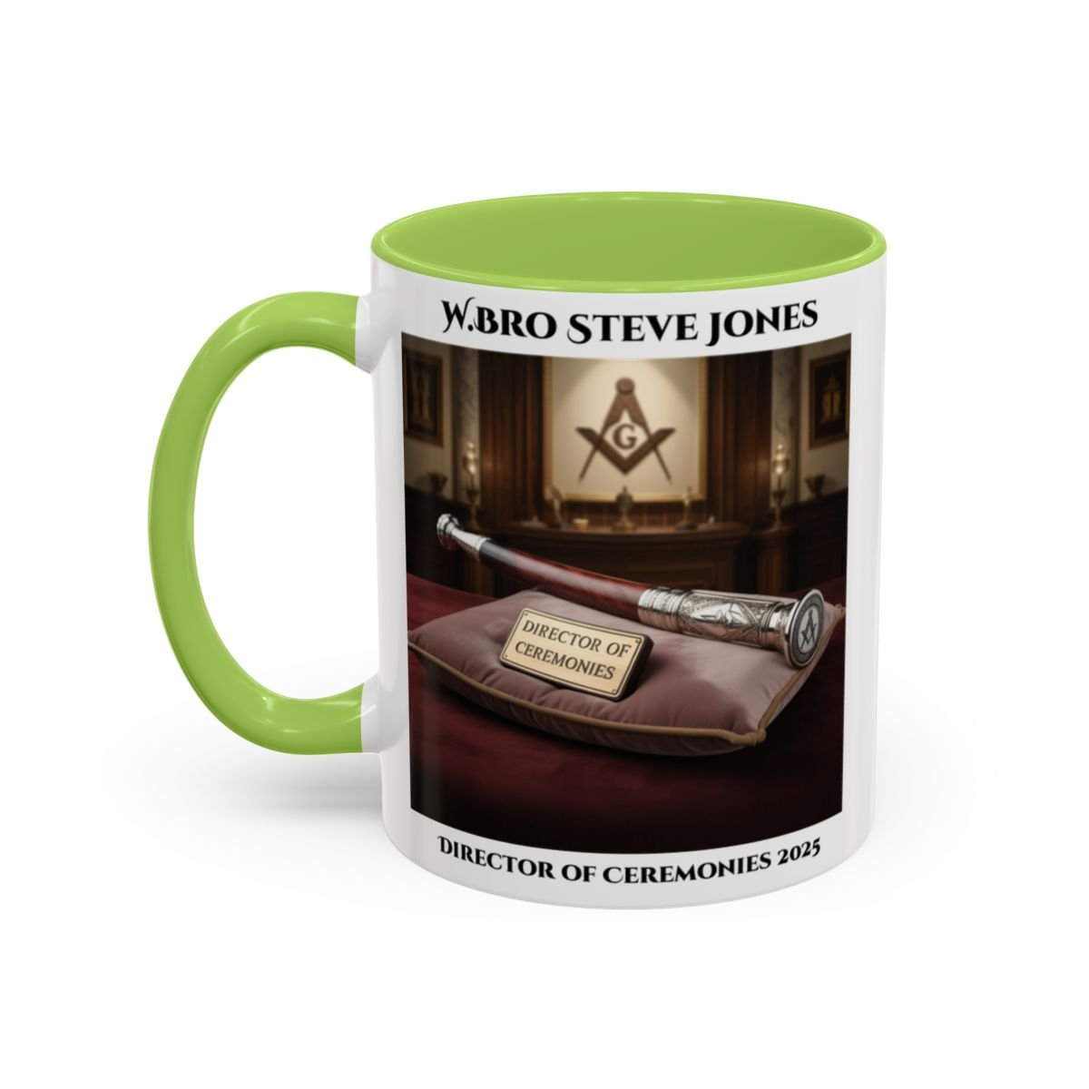 Premium Personalised Freemason Colour Rim Mug - Director of Ceremonies Design - Baton or Wand - Masonic Mugs