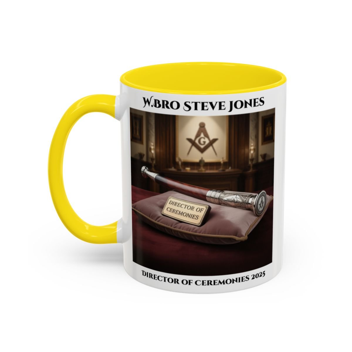Premium Personalised Freemason Colour Rim Mug - Director of Ceremonies Design - Baton or Wand - Masonic Mugs
