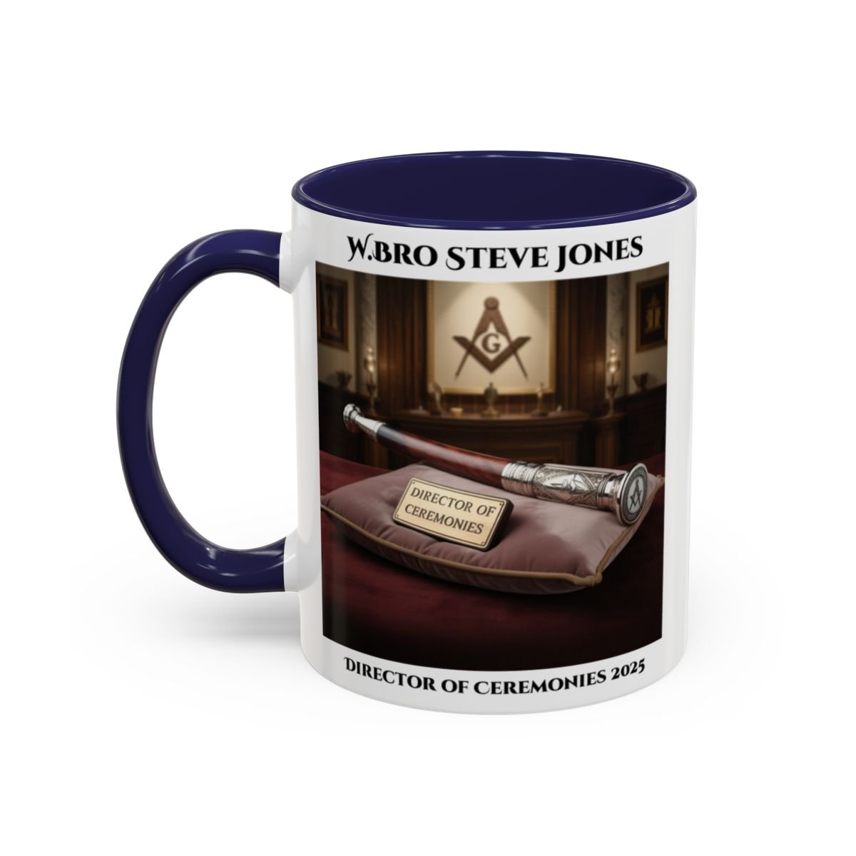Premium Personalised Freemason Colour Rim Mug - Director of Ceremonies Design - Baton or Wand - Masonic Mugs