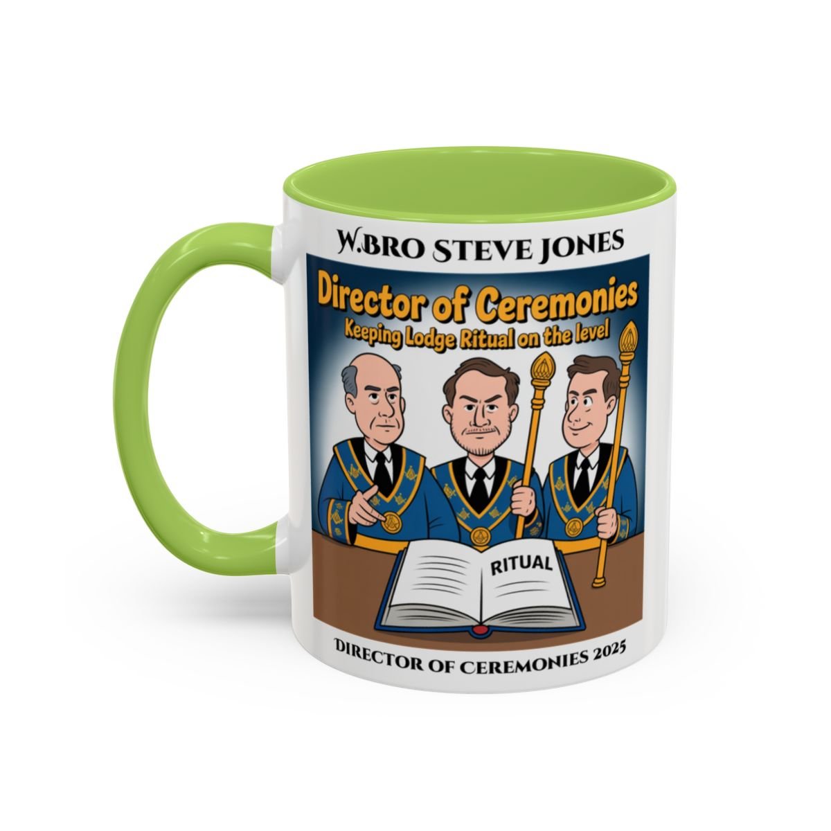 Premium Personalised Freemason Colour Rim Mug - Director of Ceremonies Design - Keeping Lodge on the Level - Masonic Mugs