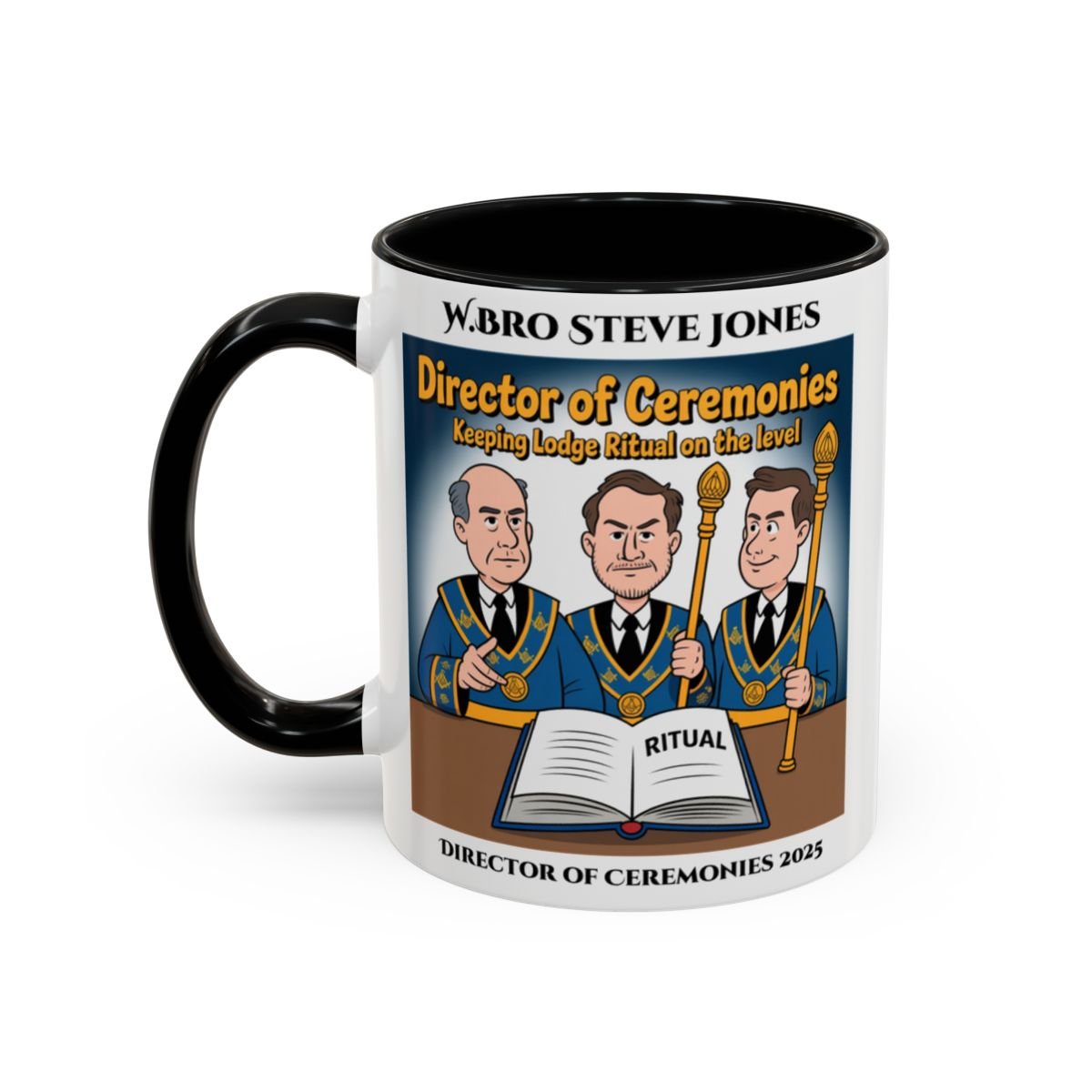 Premium Personalised Freemason Colour Rim Mug - Director of Ceremonies Design - Keeping Lodge on the Level - Masonic Mugs