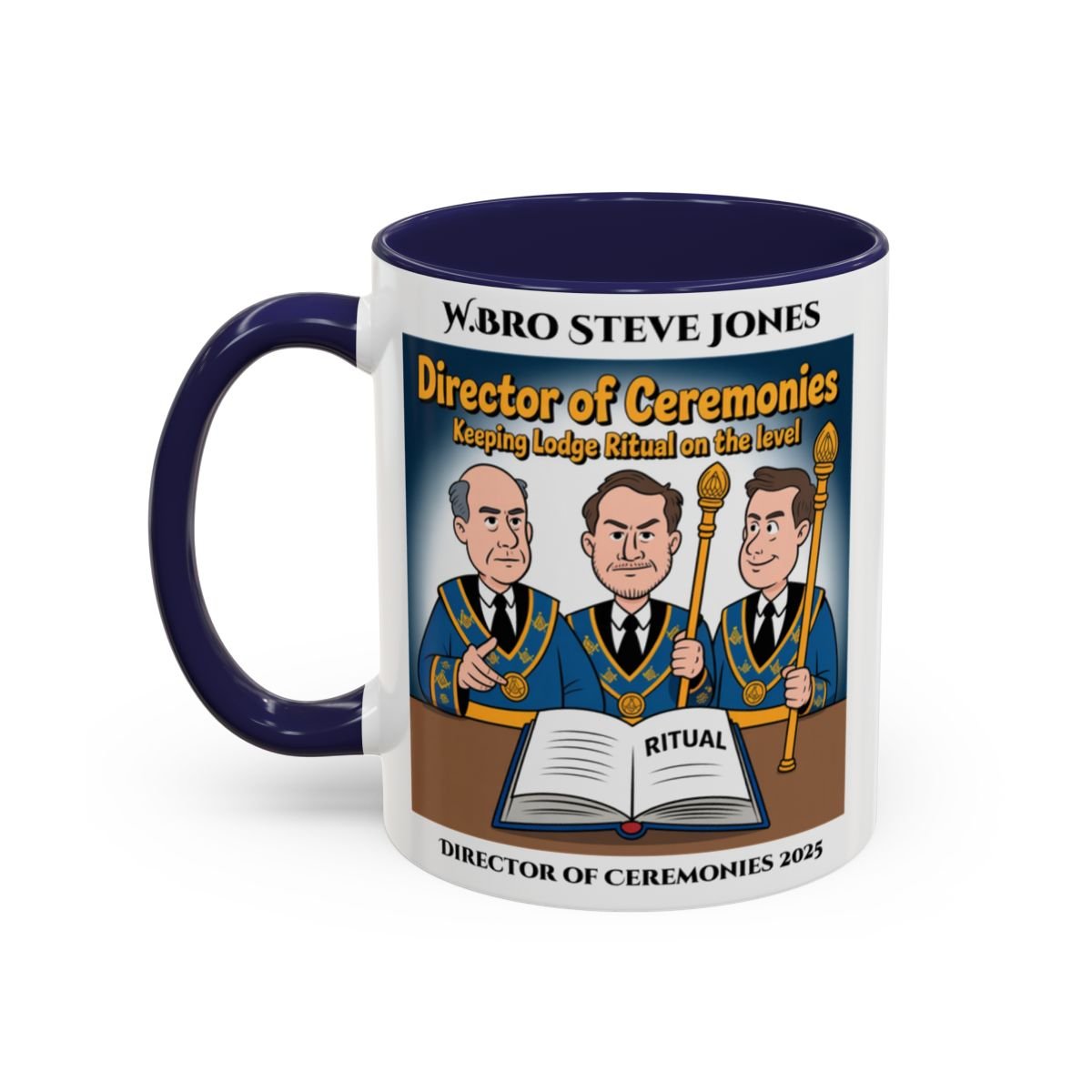 Premium Personalised Freemason Colour Rim Mug - Director of Ceremonies Design - Keeping Lodge on the Level - Masonic Mugs