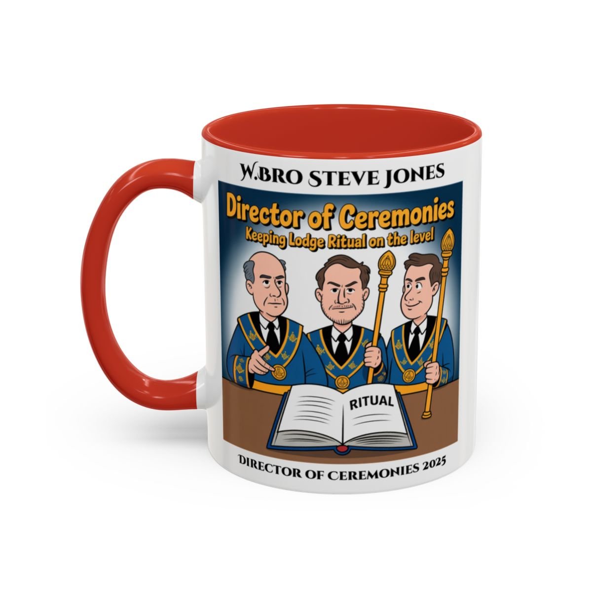 Premium Personalised Freemason Colour Rim Mug - Director of Ceremonies Design - Keeping Lodge on the Level - Masonic Mugs