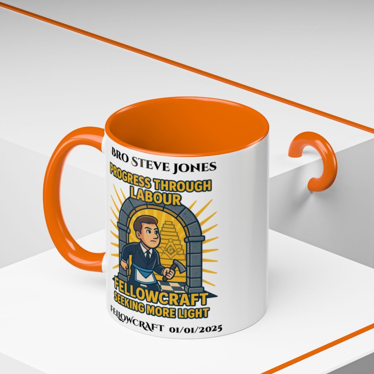 Premium Personalised Freemason Colour Rim Mug - Fellowcraft - Progress through labour - Masonic Mugs