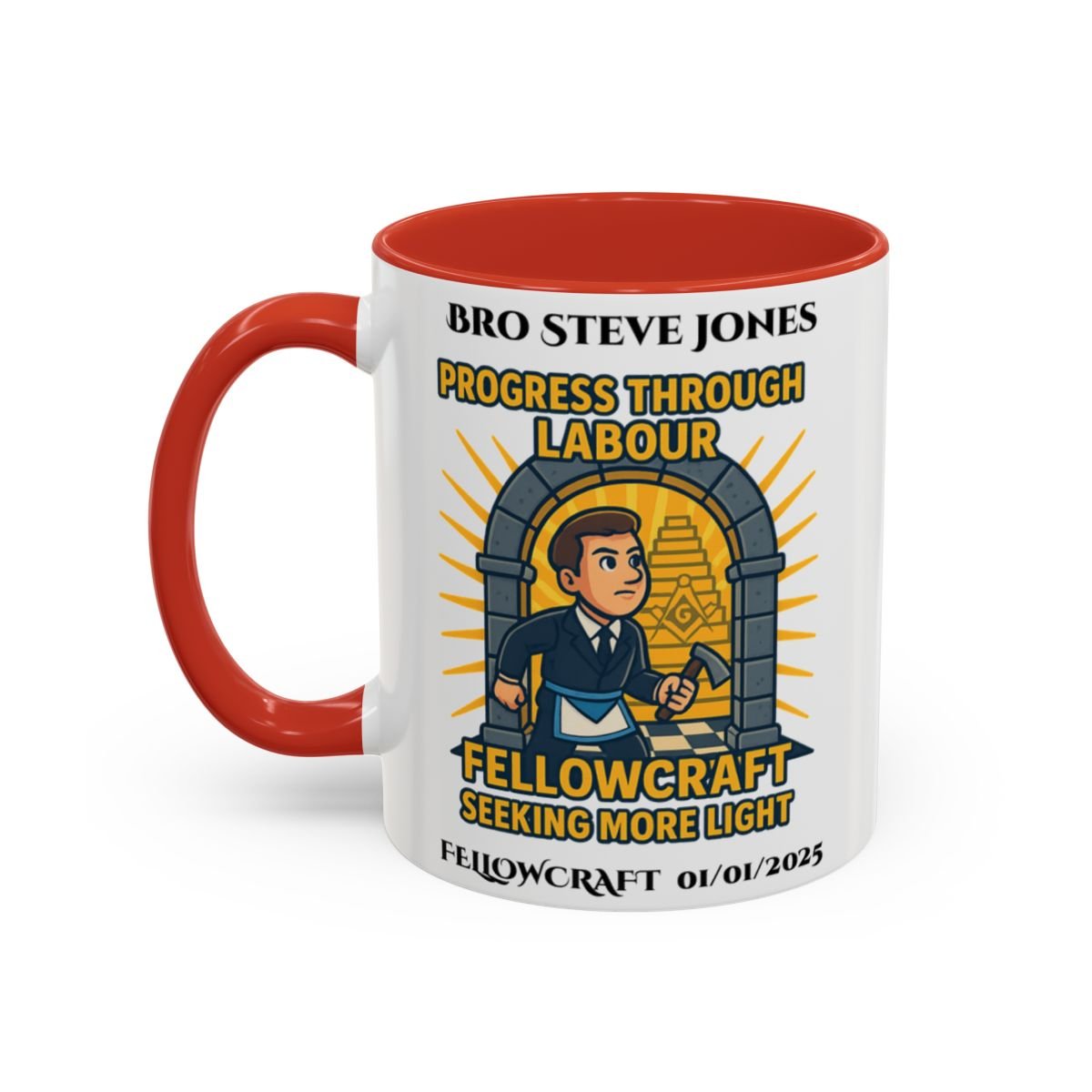 Premium Personalised Freemason Colour Rim Mug - Fellowcraft - Progress through labour - Masonic Mugs