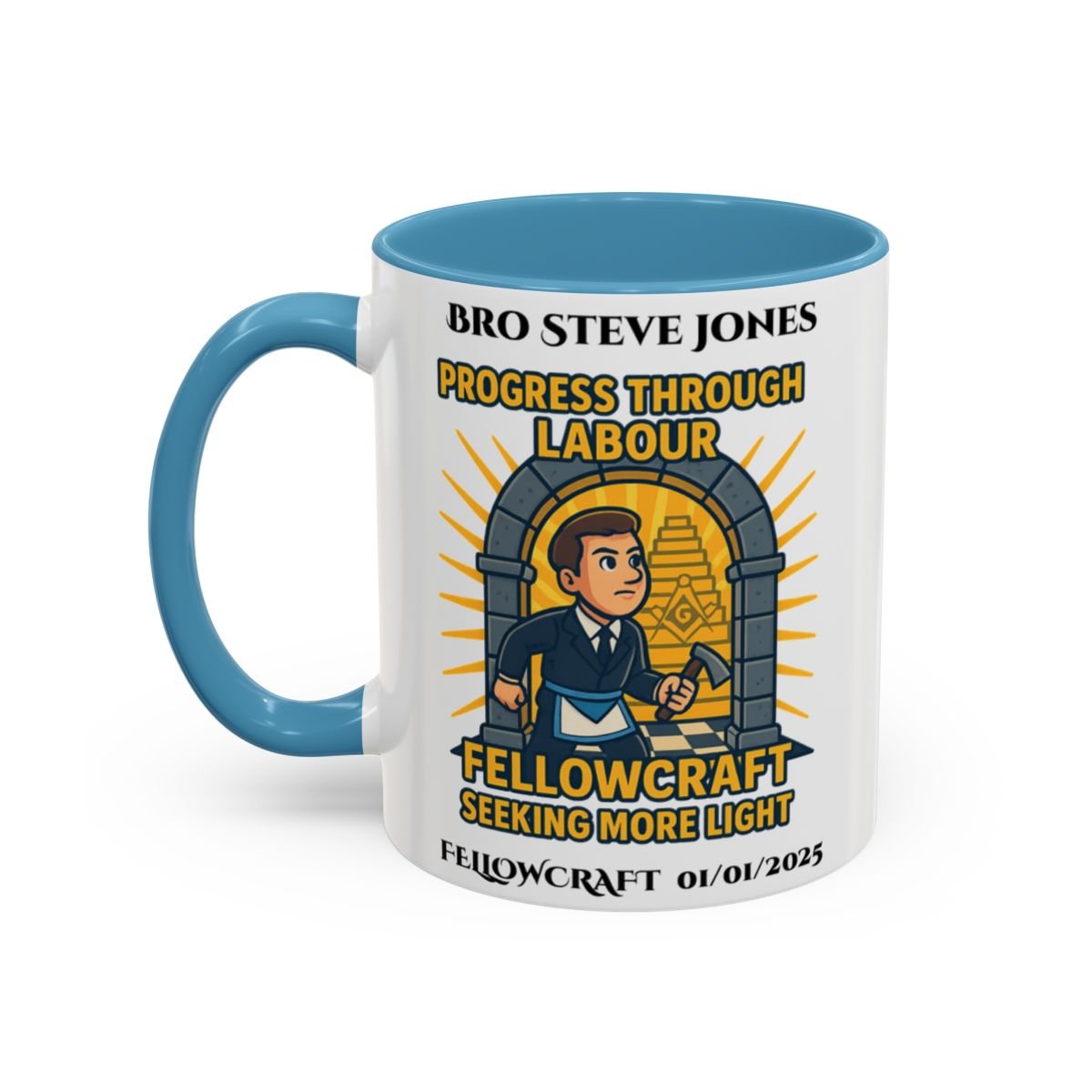 Premium Personalised Freemason Colour Rim Mug - Fellowcraft - Progress through labour - Masonic Mugs