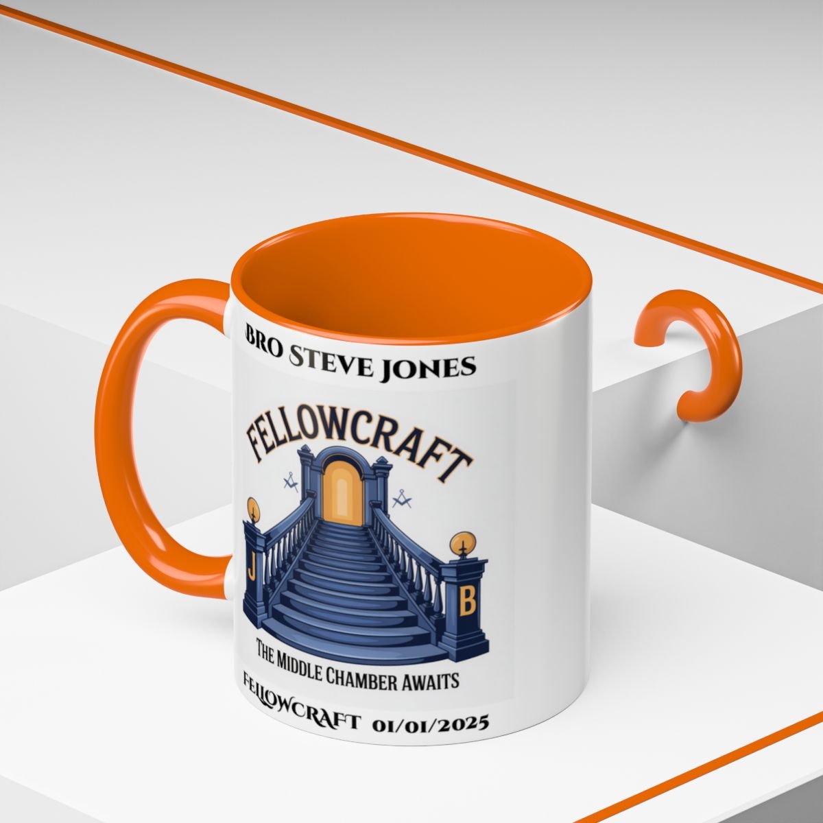 Premium Personalised Freemason Colour Rim Mug - Fellowcraft - The Middle Chamber Awaits - Masonic Mugs