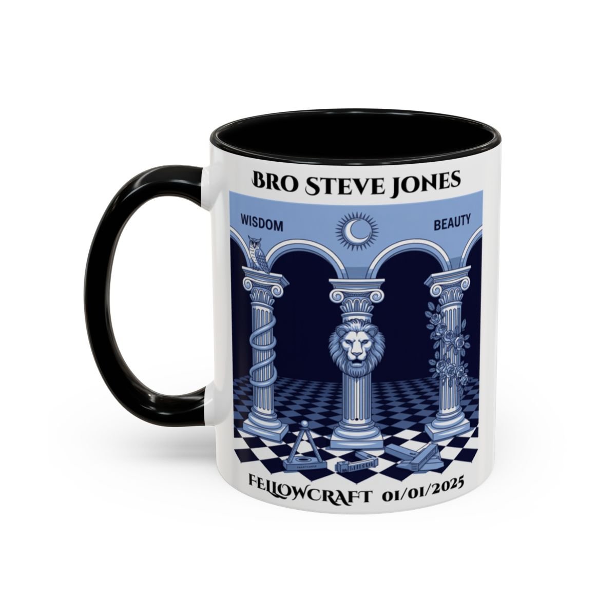 Premium Personalised Freemason Colour Rim Mug - Fellowcraft - Wisdom and Beauty - Masonic Mugs