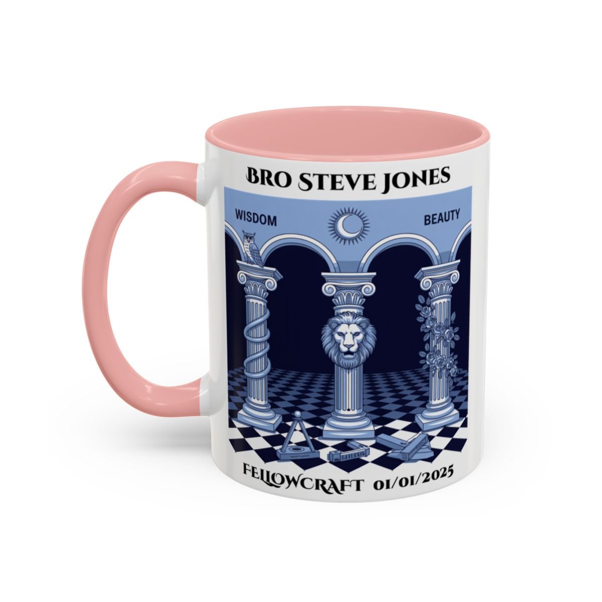 Premium Personalised Freemason Colour Rim Mug - Fellowcraft - Wisdom and Beauty - Masonic Mugs