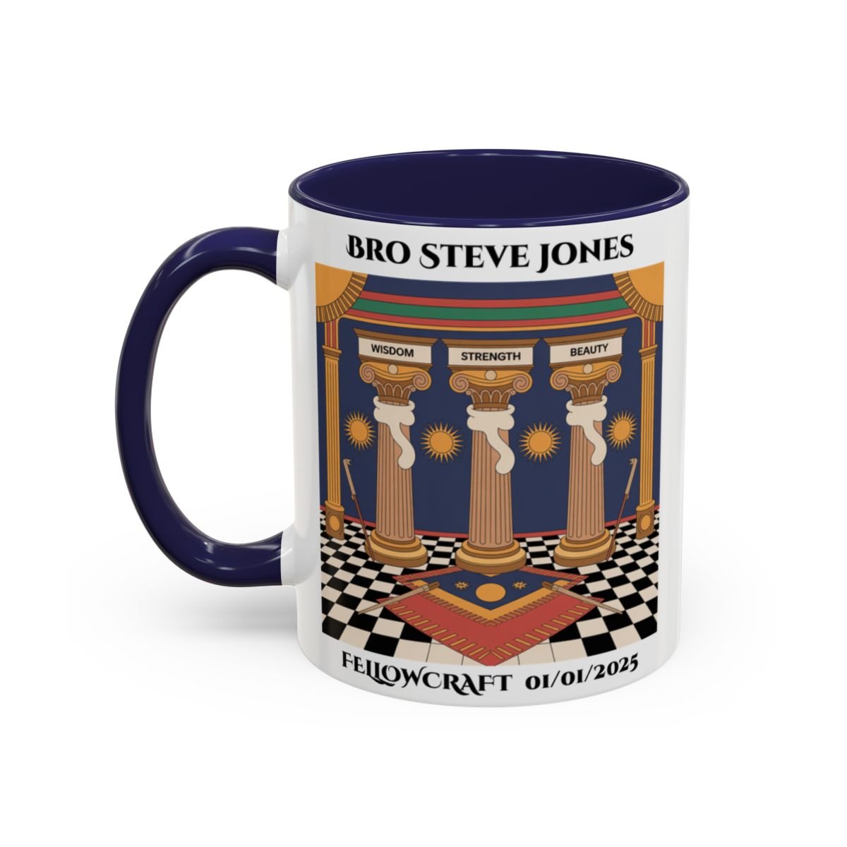 Premium Personalised Freemason Colour Rim Mug - Fellowcraft - Wisdom Strength Beauty - Masonic Mugs