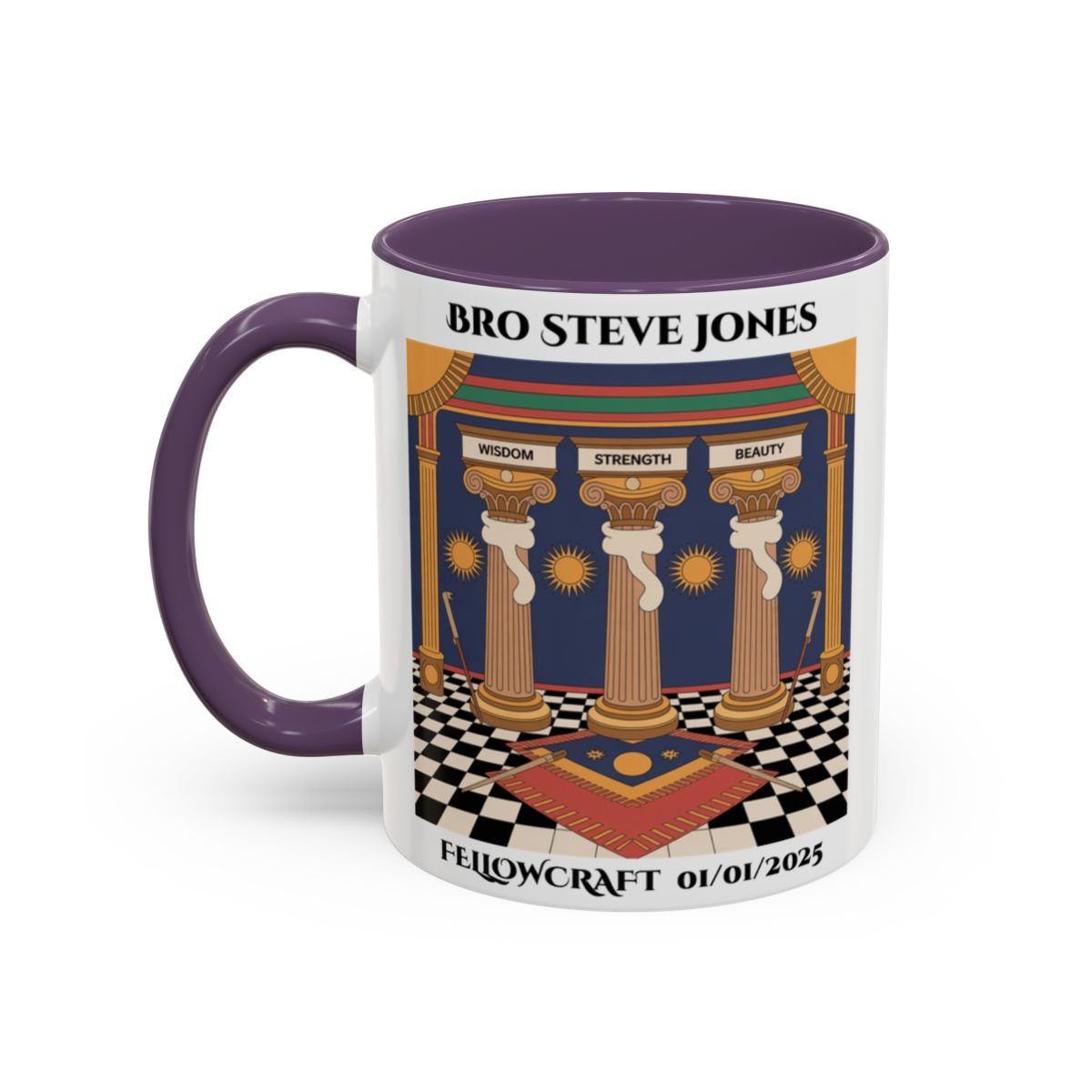 Premium Personalised Freemason Colour Rim Mug - Fellowcraft - Wisdom Strength Beauty - Masonic Mugs