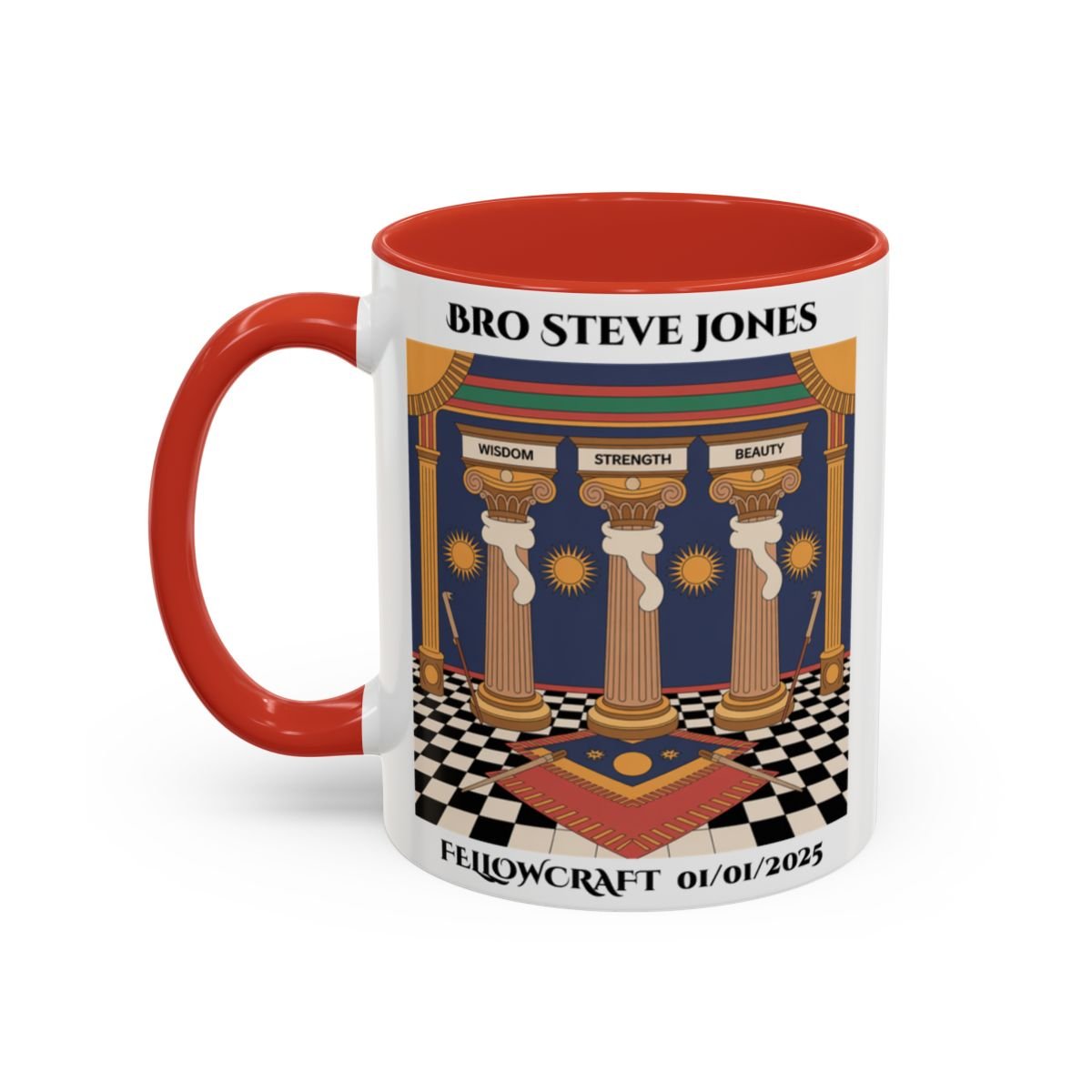 Premium Personalised Freemason Colour Rim Mug - Fellowcraft - Wisdom Strength Beauty - Masonic Mugs