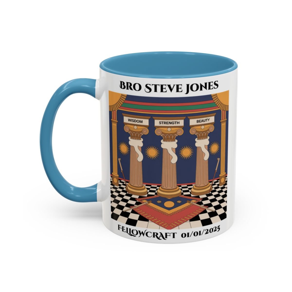 Premium Personalised Freemason Colour Rim Mug - Fellowcraft - Wisdom Strength Beauty - Masonic Mugs