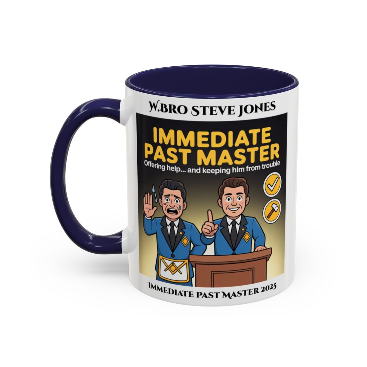 Premium Personalised Freemason Colour Rim Mug - Immediate Past Master Design - Offering help and keeping him from trouble - Masonic Mugs