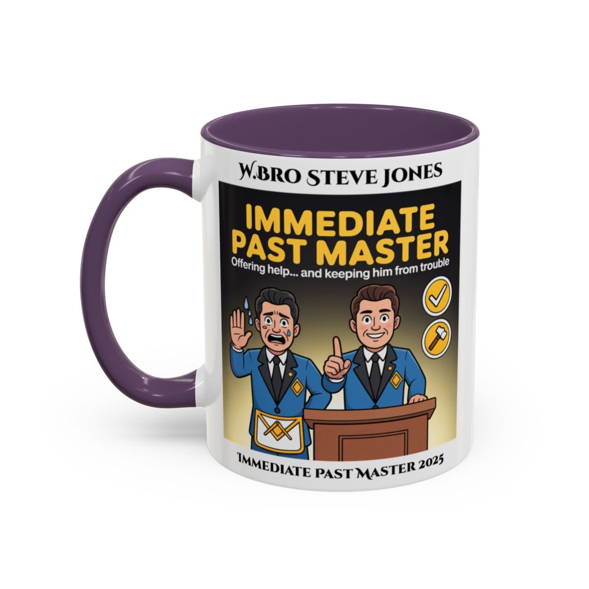 Premium Personalised Freemason Colour Rim Mug - Immediate Past Master Design - Offering help and keeping him from trouble - Masonic Mugs