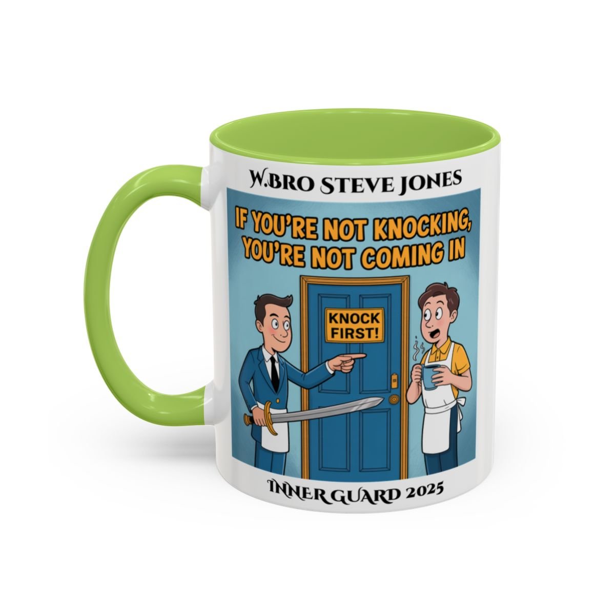 Premium Personalised Freemason Colour Rim Mug - Inner Guard Design - If you're not knocking - Masonic Mugs