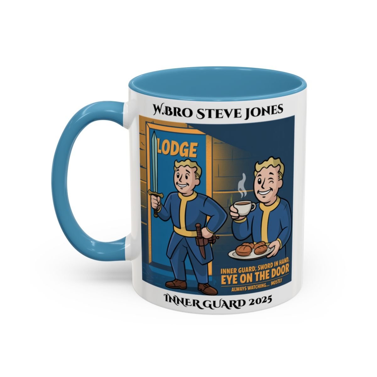 Premium Personalised Freemason Colour Rim Mug - Inner Guard Design - Sword in Hand Eye on the Door - Masonic Mugs