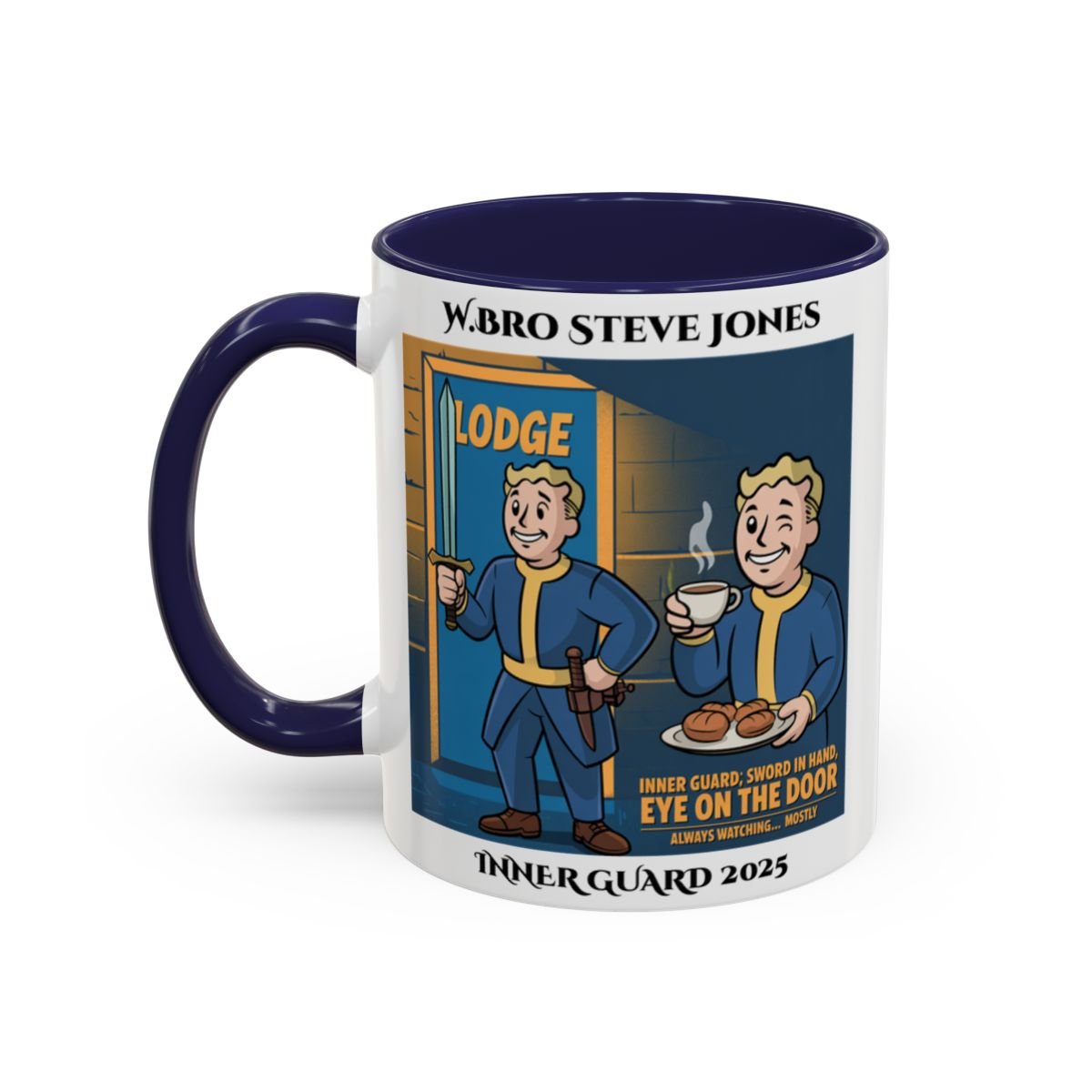 Premium Personalised Freemason Colour Rim Mug - Inner Guard Design - Sword in Hand Eye on the Door - Masonic Mugs