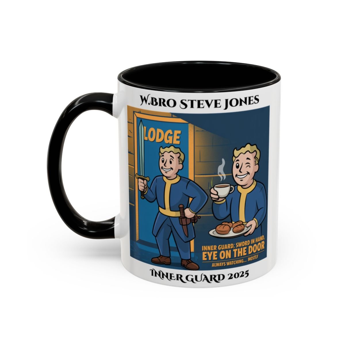 Premium Personalised Freemason Colour Rim Mug - Inner Guard Design - Sword in Hand Eye on the Door - Masonic Mugs
