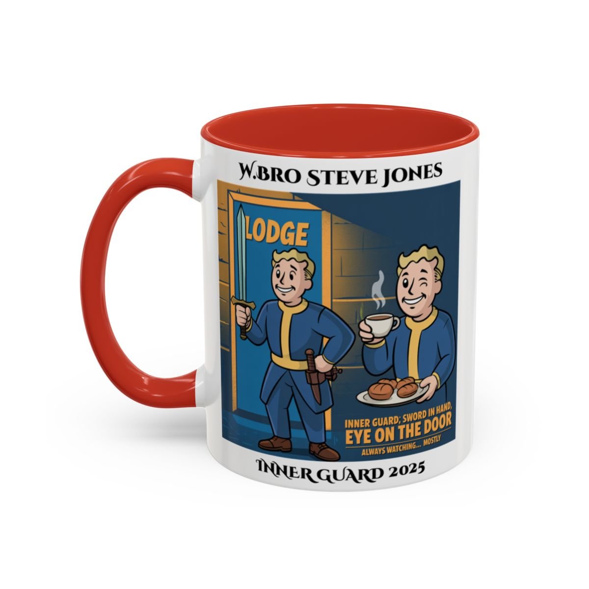Premium Personalised Freemason Colour Rim Mug - Inner Guard Design - Sword in Hand Eye on the Door - Masonic Mugs