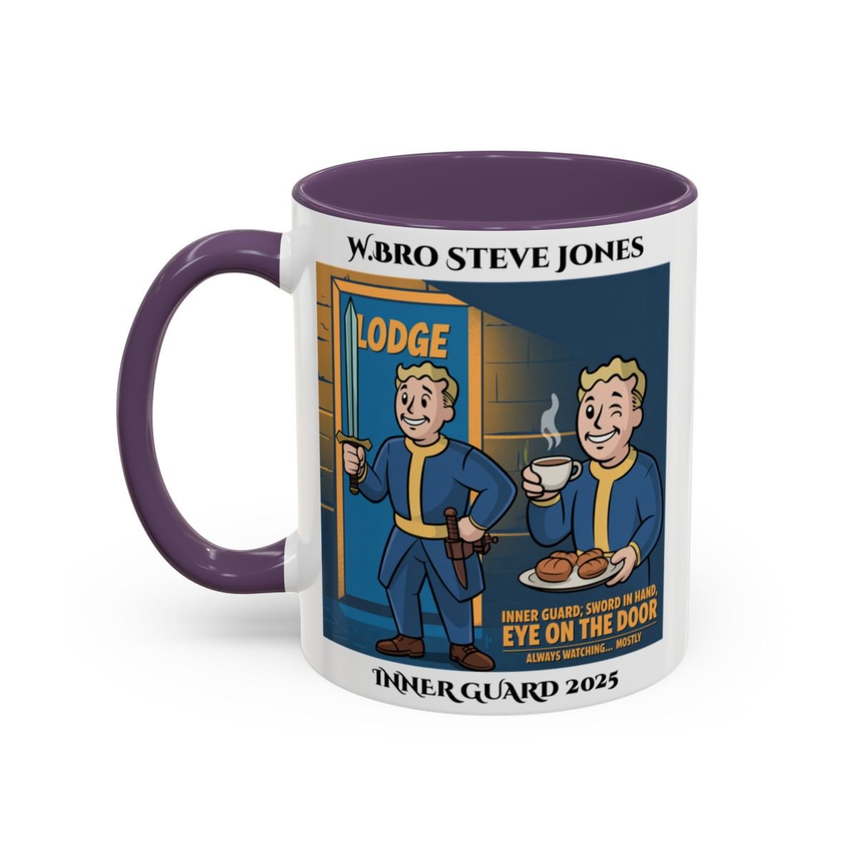 Premium Personalised Freemason Colour Rim Mug - Inner Guard Design - Sword in Hand Eye on the Door - Masonic Mugs