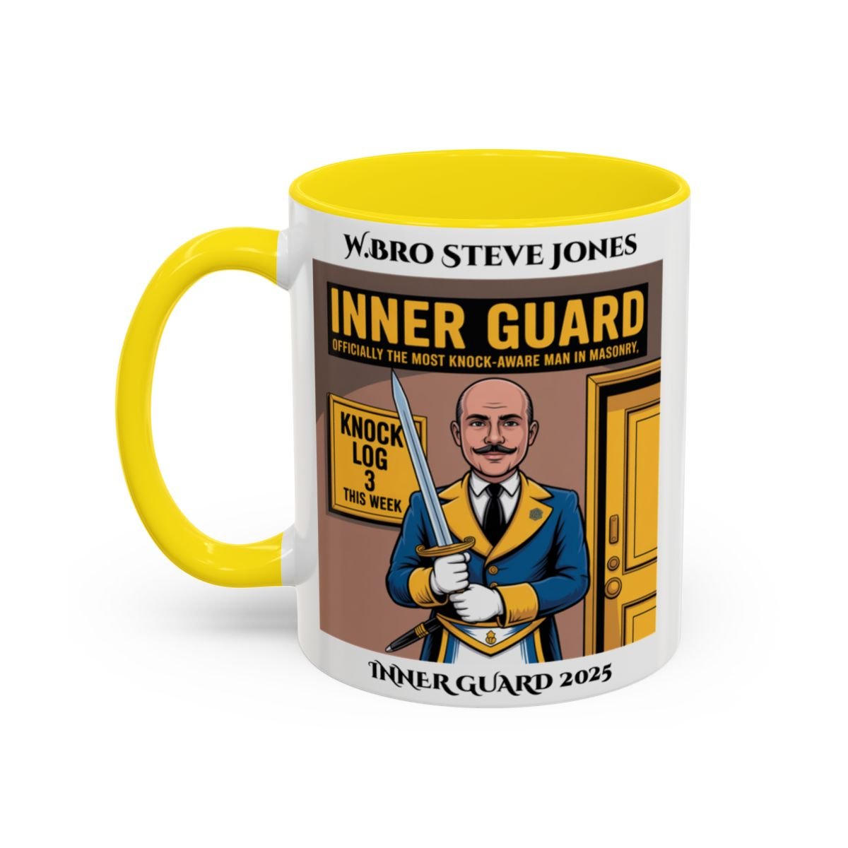 Premium Personalised Freemason Colour Rim Mug - Inner Guard Design - The most knock aware man in Masonry - Masonic Mugs