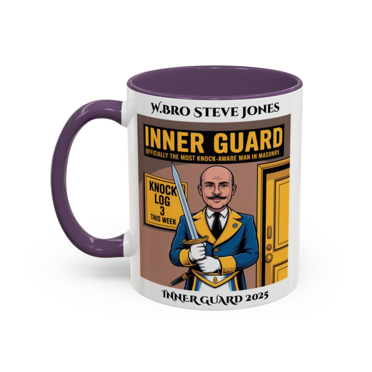 Premium Personalised Freemason Colour Rim Mug - Inner Guard Design - The most knock aware man in Masonry - Masonic Mugs