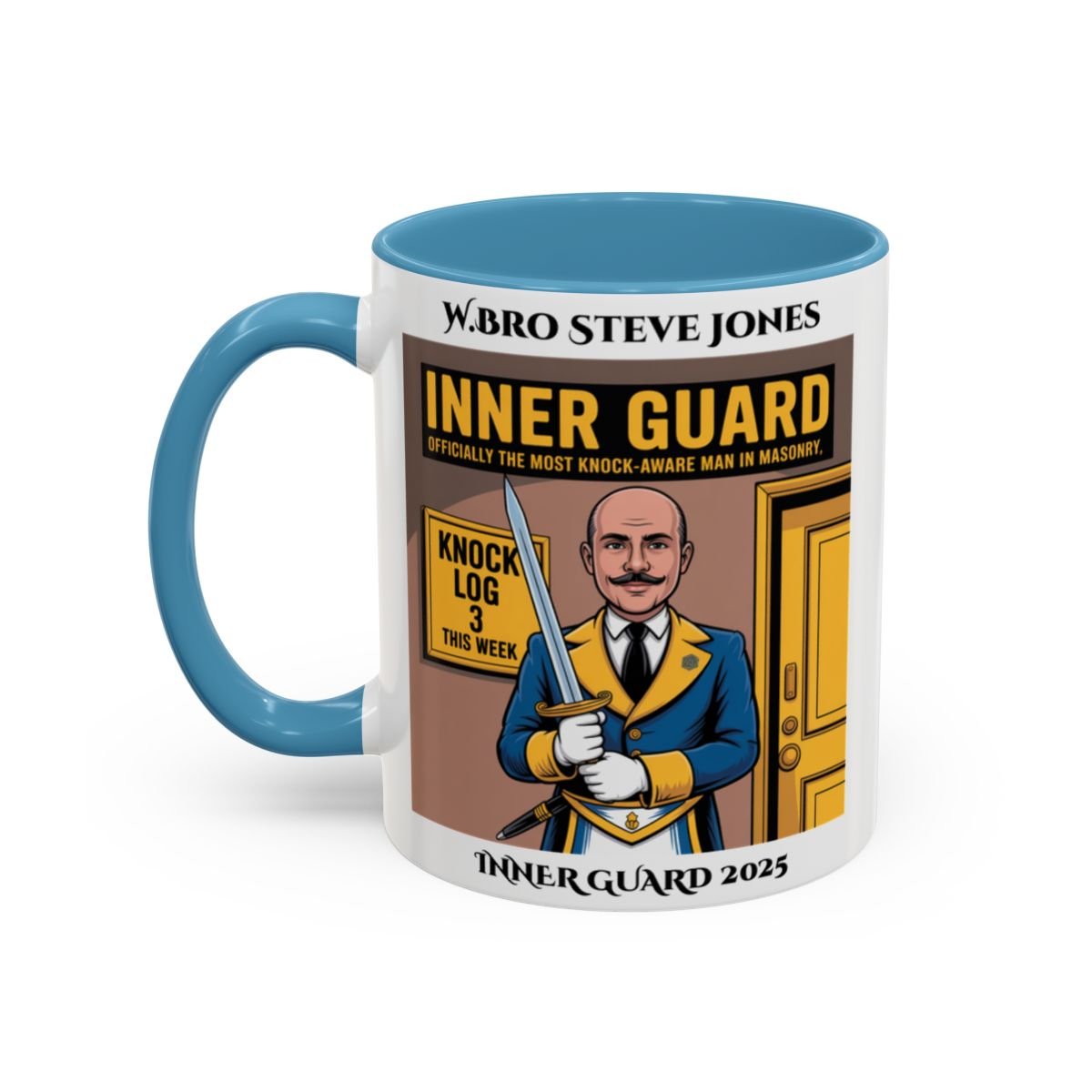 Premium Personalised Freemason Colour Rim Mug - Inner Guard Design - The most knock aware man in Masonry - Masonic Mugs