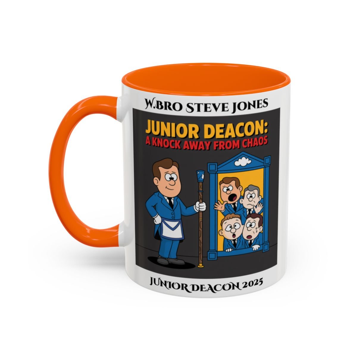 Premium Personalised Freemason Colour Rim Mug - Junior Deacon Design - A knock away from Chaos - Masonic Mugs