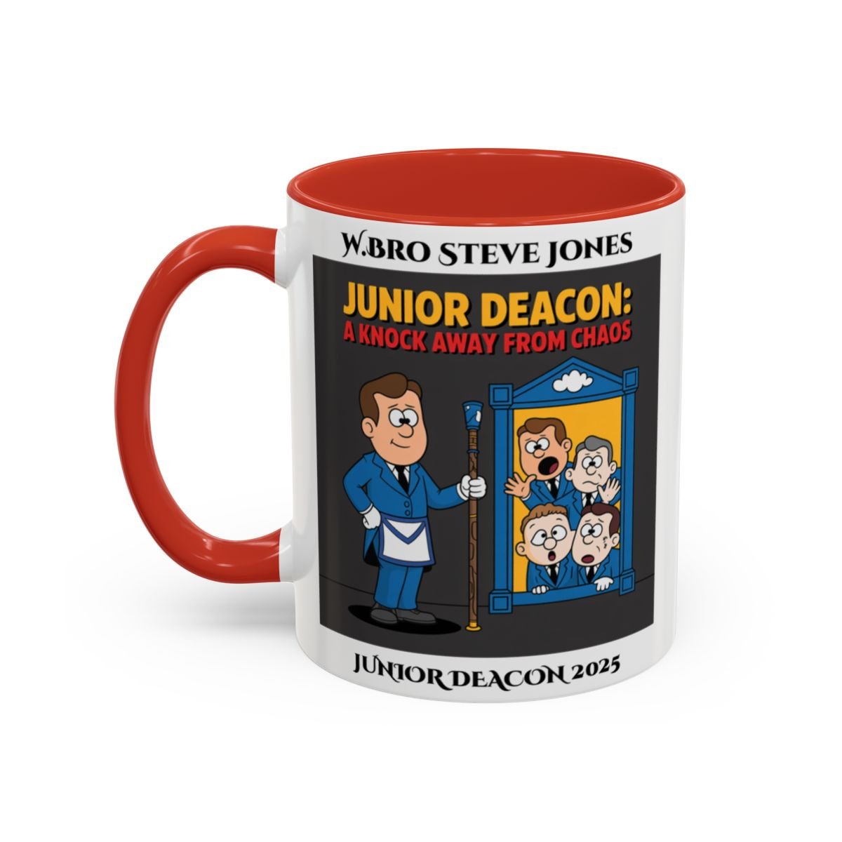Premium Personalised Freemason Colour Rim Mug - Junior Deacon Design - A knock away from Chaos - Masonic Mugs