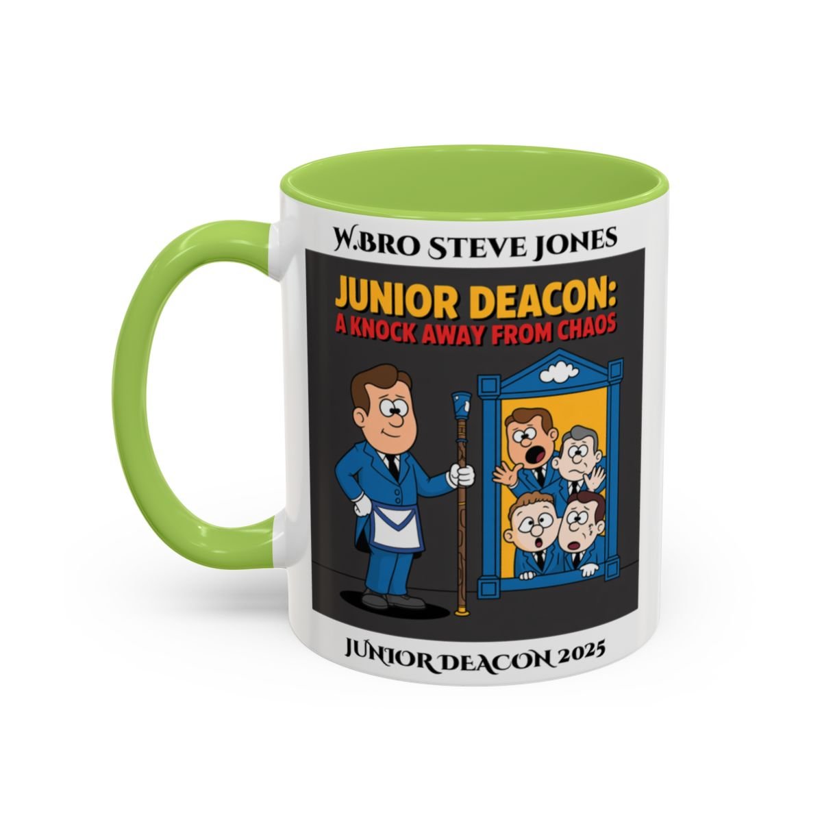 Premium Personalised Freemason Colour Rim Mug - Junior Deacon Design - A knock away from Chaos - Masonic Mugs